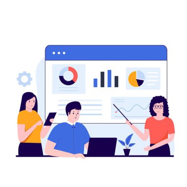 İnsanlar ofiste tartışır ve birlikte çalışırlar. Web siteleri, iniş sayfaları, mobil uygulamalar, posterler ve afişler için illüstrasyon. Moda düz vektör illüstrasyonu