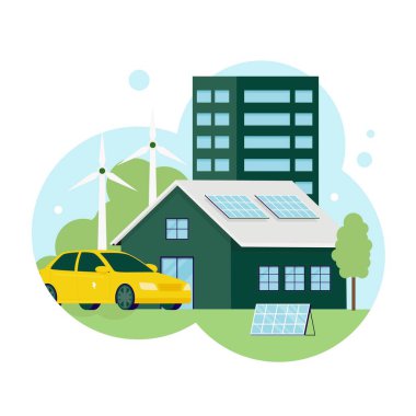 Yeşil endüstri konseptinin düz tasarımı. Web siteleri, iniş sayfaları, mobil uygulamalar, posterler ve afişler için illüstrasyon. Moda düz vektör illüstrasyonu