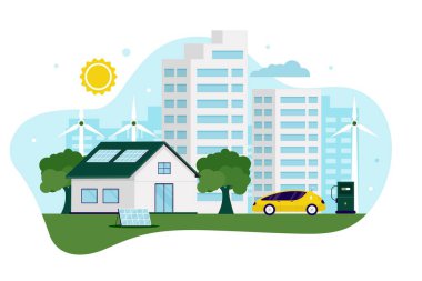 Yeşil endüstri illüstri kavramı. Web siteleri, iniş sayfaları, mobil uygulamalar, posterler ve afişler için illüstrasyon. Moda düz vektör illüstrasyonu