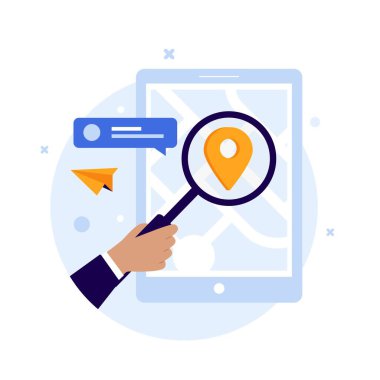 Konum illüstrasyon konseptini bul. Web siteleri, iniş sayfaları, mobil uygulamalar, posterler ve afişler için illüstrasyon. Moda düz vektör illüstrasyonu