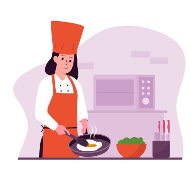 Aşçı kadın çizim tasarımı konsepti. Web siteleri, iniş sayfaları, mobil uygulamalar, posterler ve afişler için illüstrasyon. Moda düz vektör illüstrasyonu