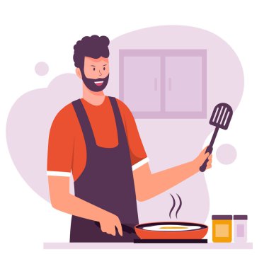 Mutfakta yemek pişiren insanların düz tasarımı. Web siteleri, iniş sayfaları, mobil uygulamalar, posterler ve afişler için illüstrasyon. Moda düz vektör illüstrasyonu