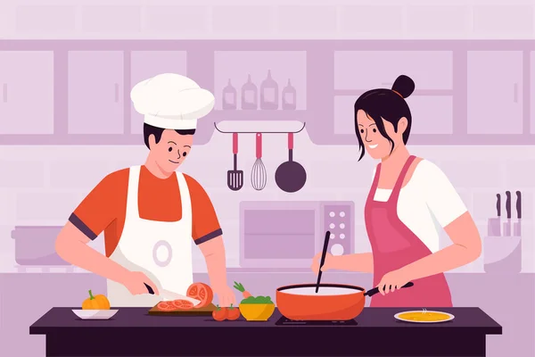 Coppia Illustrazione Cucina Concetto Design Illustrazione Siti Web Pagine Destinazione — Vettoriale Stock