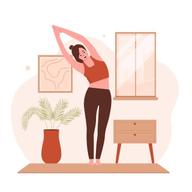 Oturma odasında yoga yapan bir kadının düz tasarımı.