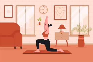 Oturma odasında yoga yapan bir kadının düz tasarımı.