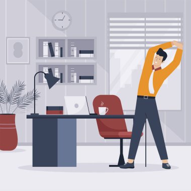 İş yerinde esneme hareketleri yapan bir adamın düz tasarımı. Web siteleri, iniş sayfaları, mobil uygulamalar, posterler ve afişler için illüstrasyon. Moda düz vektör illüstrasyonu