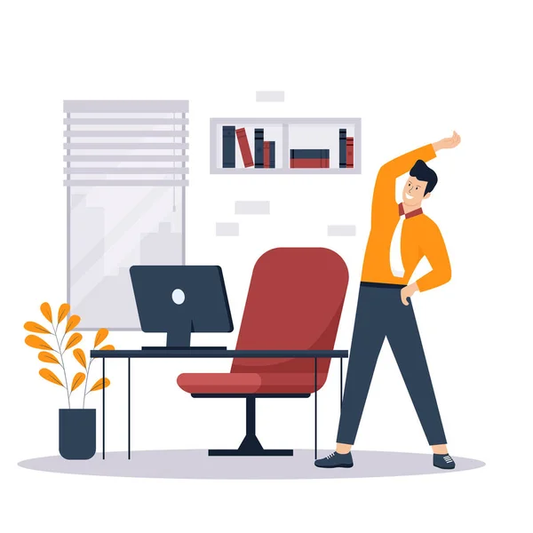 Platte Ontwerp Van Mens Doen Oefening Stretch Office Workout Illustratie — Stockvector