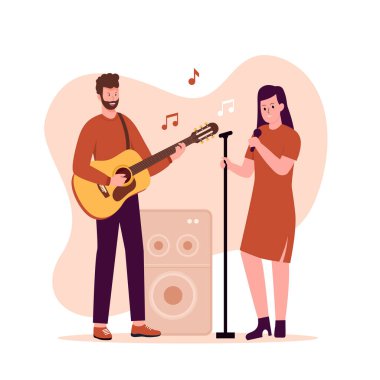 Gitar çalan adamın düz tasarımı ve mikrofonla şarkı söyleyen kadının. Web siteleri, iniş sayfaları, mobil uygulamalar, posterler ve afişler için illüstrasyon. Moda düz vektör illüstrasyonu