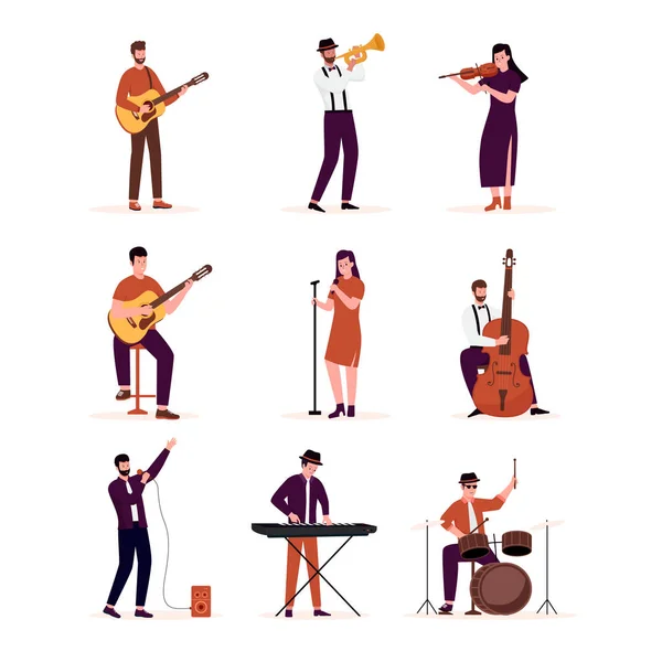 Diseño Plano Artistas Tocando Instrumentos Música Conjunto Ilustraciones Ilustración Para — Archivo Imágenes Vectoriales