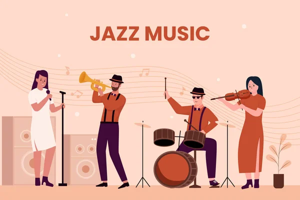 Diseño Plano Grupo Bandas Jazz Escenario Ilustración Para Sitios Web — Archivo Imágenes Vectoriales