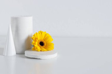 Beyaz arka planda çiçekli doğal malzemeden taş figürler, telif alanı, iç mekanda asgari dekorasyon kavramı.