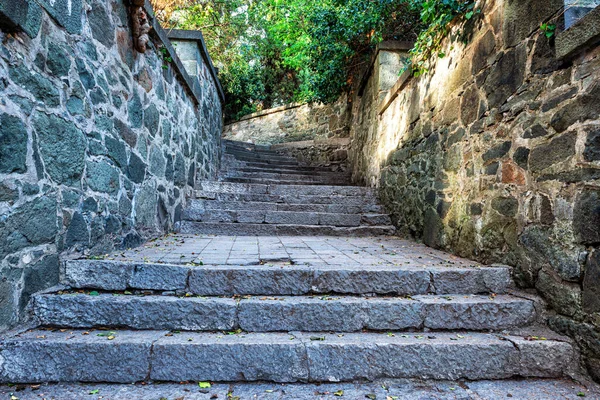 Taş duvarlarla çerçevelenmiş ve taş basamaklarla kaplı bir geçit. Vorontsov Park 'taki Kırım' da yer almaktadır.