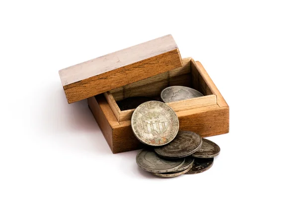 Old hungarian silver coins in a wooden box — Stock Photo, Image