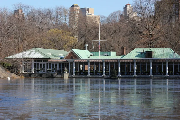 Hausbót v central parku v new Yorku se zamrznutím v zimě jezero — Stock fotografie