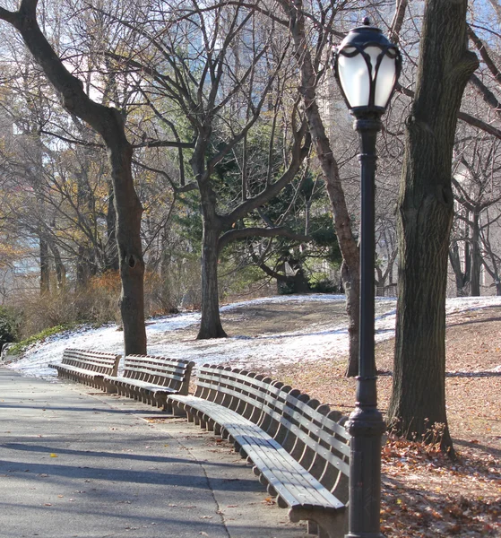 Verlaten banken in de winter in central park in de winter wacht een bezoeker — Stockfoto