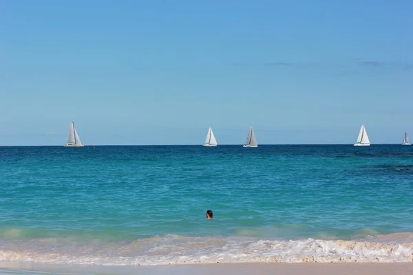 Zwemmen in het Caribisch gebied, terwijl heineken regatta jacht boot race aan de gang is — Stockfoto