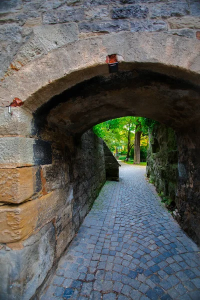 Almanya 'nın Rothenburg kentindeki masal kasabasında kalenin geçişi.