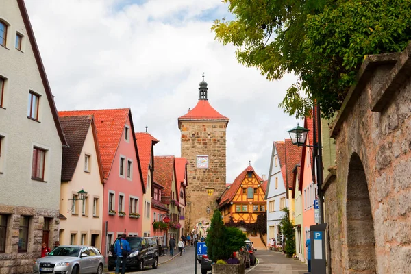 Velha Torre Relógio Nas Ruas Cidade Conto Fadas Rothenburg Alemanha — Fotografia de Stock