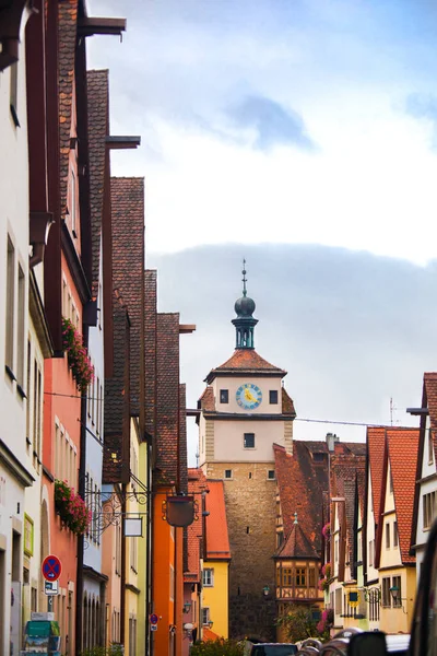 Der Alte Uhrturm Den Straßen Der Märchenstadt Rothenburg Deutschland — Stockfoto