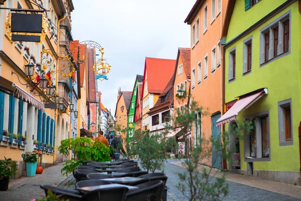 Прекрасна Кафе Просто Неба Вулицях Казкового Містечка Ротенбург Німеччина — стокове фото