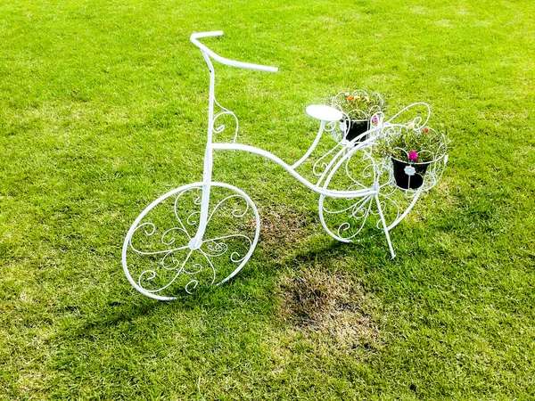 White bicycle standing on green meadow — Stock Photo, Image