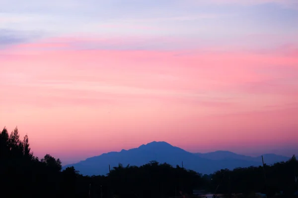Západ slunce sen sky nasazovat silueta řádek borovic a horských — Stock fotografie