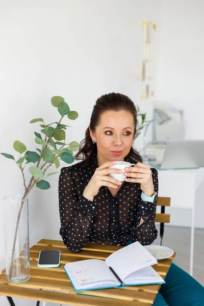 Portrait Beautiful Woman Black Blouse Cup Brunette Holds White Mug — Stock Photo, Image