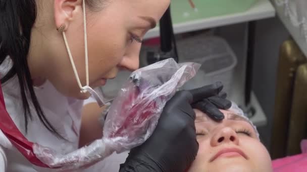 Make-up-Artist macht dauerhafte Make-up der Augenbrauen, um junge Kundin Frau im Schönheitssalon. Augenbrauenfarbe und Formkorrektur — Stockvideo