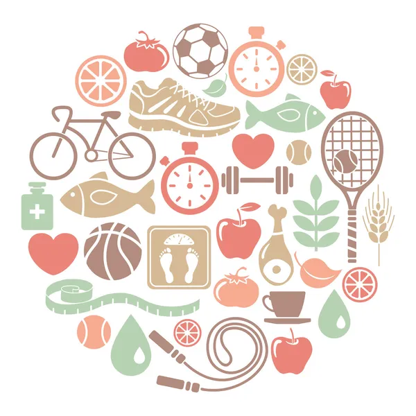 Round card with healthy lifestyle icons — Stock Vector