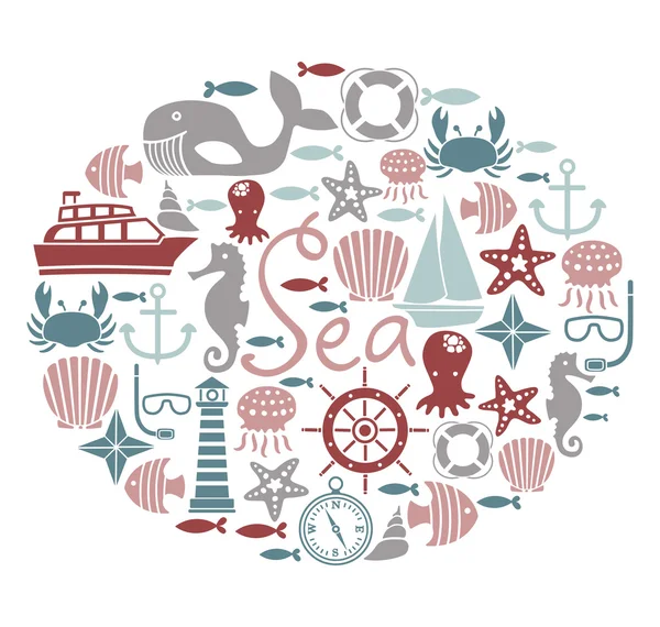 Cartão de forma redonda com ícones do mar — Vetor de Stock