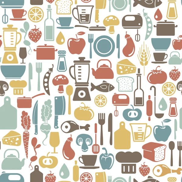 Padrão sem costura com ícones de cozinha coloridos Ilustrações De Stock Royalty-Free