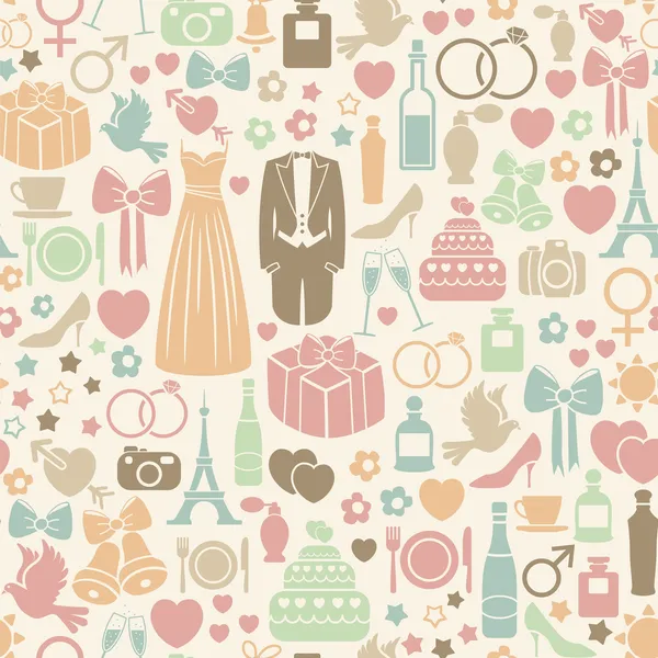 Padrão sem costura com ícones de casamento coloridos Ilustração De Stock