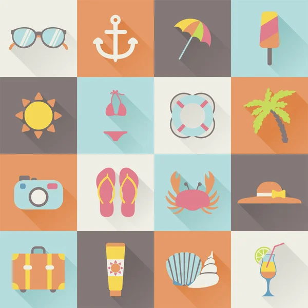 Set di icone per le vacanze estive sulla spiaggia piatta — Vettoriale Stock