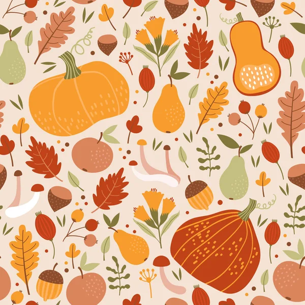 Seamless Autumn Pattern Pumpkins Berries Leaves Fruits — Stock Vector