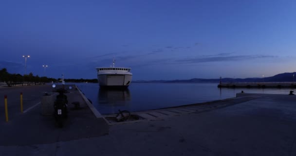 Large ferry approaches the pier before the sunrise in Supetar town, on Island of Brac, Croatia - Editorial, DCI 4K, Audio, Ultra Wide — Stock Video