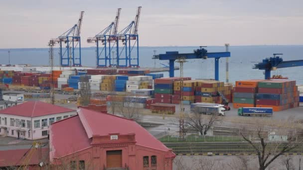 Cargo and dockside cranes in Odesa port, Ukraine - Editorial, 4K, Wide shot, Pan — Stock Video