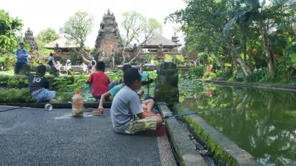 Niños pescando en el estanque de loto en Ubud y turistas en el fondo - 4K, Editorial — Vídeo de stock