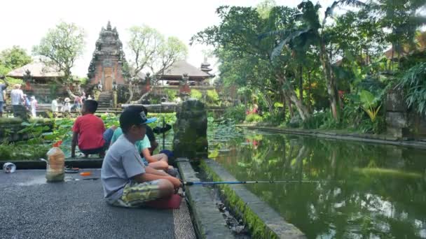 Azjaci łowiący ryby przy stawie lotosowym w Ubud koło świątyni - 4K, redakcja — Wideo stockowe