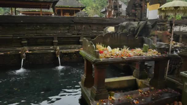 Altare in pietra con offerte degli dei e acqua santa di sorgente del tempio di Pura Tirta Empul a Bali, Indonesia - 4K, Handheld — Video Stock