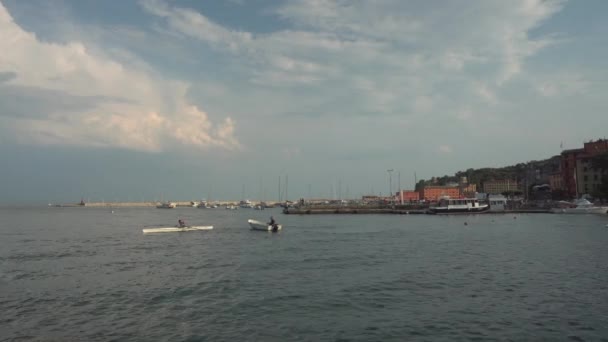 Ultra-wide panoramic view on Rapallo waterfront at summer sunset, Italy - 2K, Editorial, Audio, Pan — Vídeos de Stock