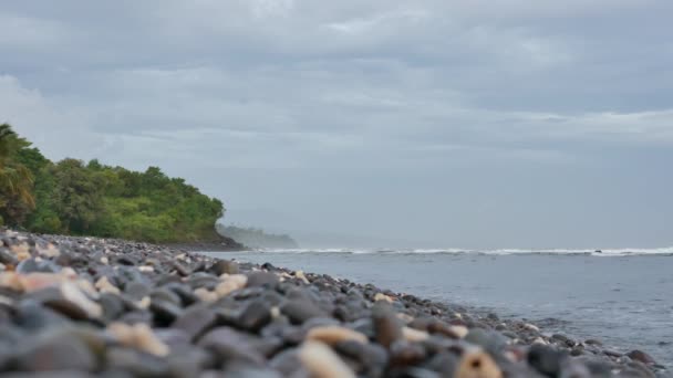 Spiaggia di ghiaia panoramica al mattino nuvoloso, alberi tropicali verdi e onde oceaniche in Amed, Bali - 4K, Profondità di campo poco profonda, Angolo basso — Video Stock