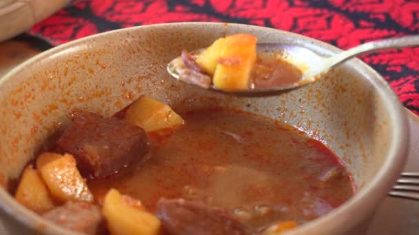 伝統的なハンガリーのブドウのスープを食べる- 4K, Handhold,クローズアップ — ストック動画