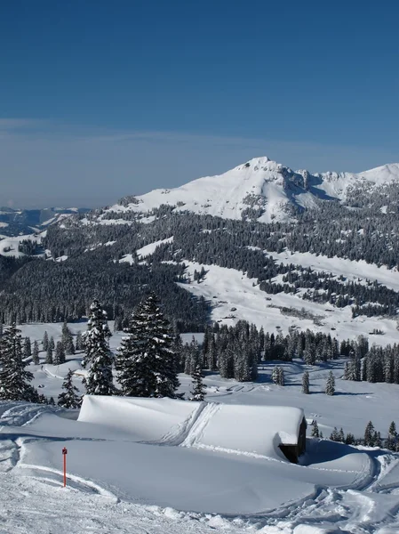 Pista da sci che conduce sopra un tetto, montagne — Foto Stock