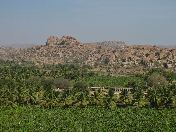 Banana trees, coconut palms and granite mountains — Stock Photo, Image