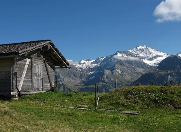 Montagne e vecchio capannone con tetto in legno — Foto Stock