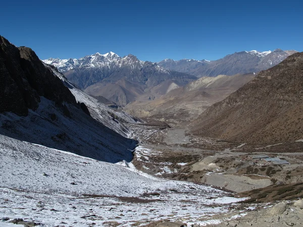 Suchy krajobraz w pobliżu muktinath, niższe regionie mustang, nepal — Zdjęcie stockowe