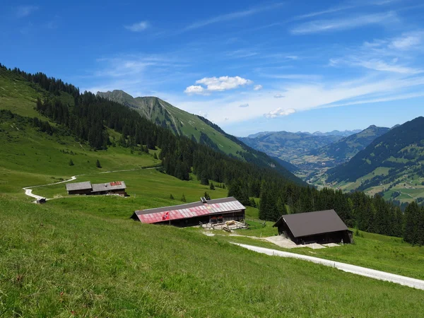 Farm houses and distant view of Gstaad — Stock Photo, Image