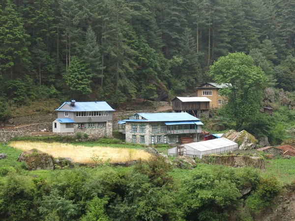 Huizen Bos Weg Van Lukla Naar Namche Bazaar Nepal — Stockfoto