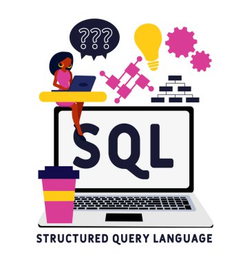 SQL - Yapılandırılmış Sorgu Dili kısaltması. İş kavramı geçmişi. Web sitesi afişi, pazarlama materyalleri, iş sunumu, çevrimiçi reklamcılık için vektör illüstrasyonu