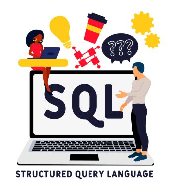SQL - Yapılandırılmış Sorgu Dili kısaltması. İş kavramı geçmişi. Web sitesi afişi, pazarlama materyalleri, iş sunumu, çevrimiçi reklamcılık için vektör illüstrasyonu